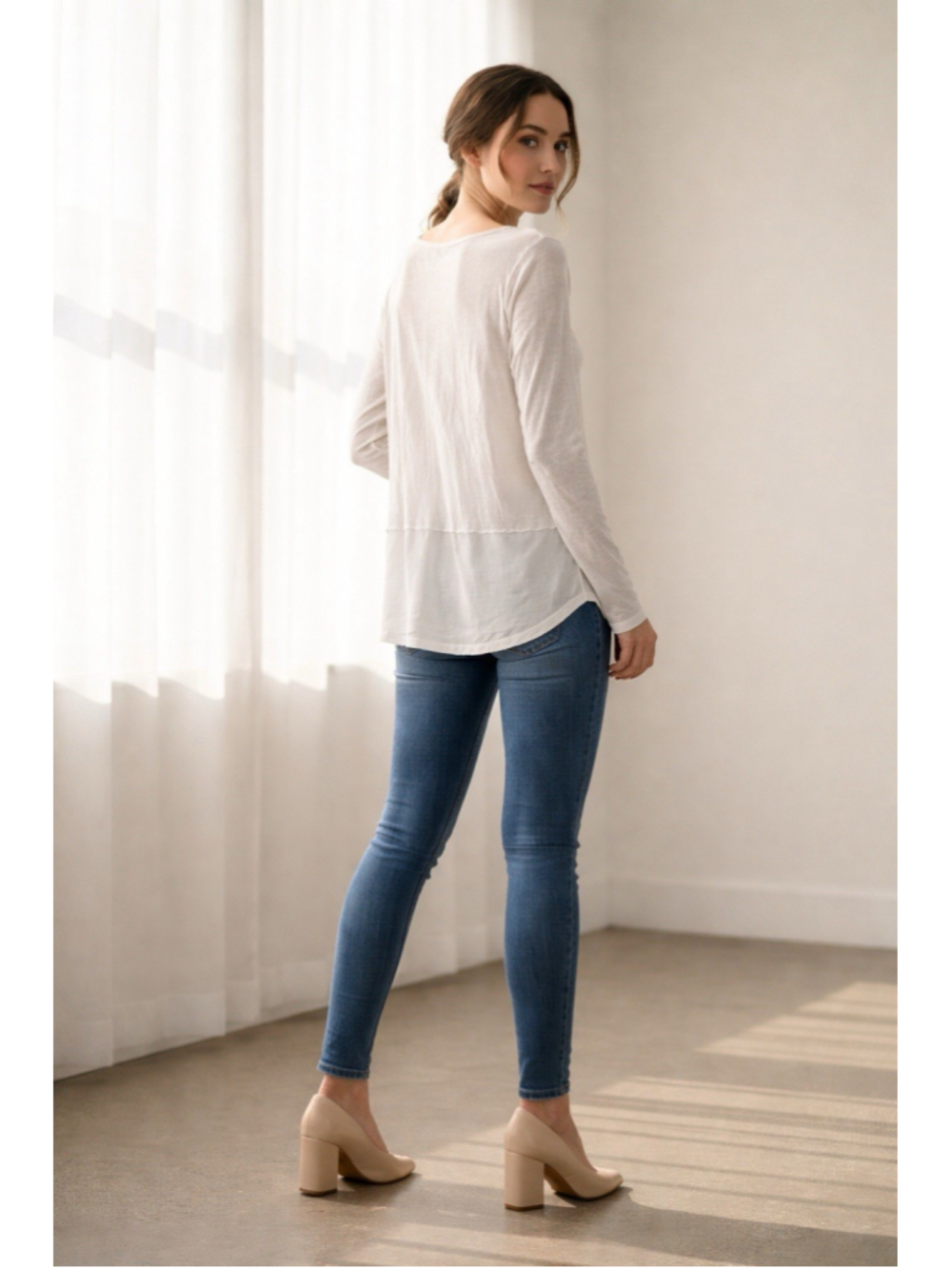 Sundance Mixed Media Knit Chiffon Hem Henley Top White  Slub Top Medium Boho